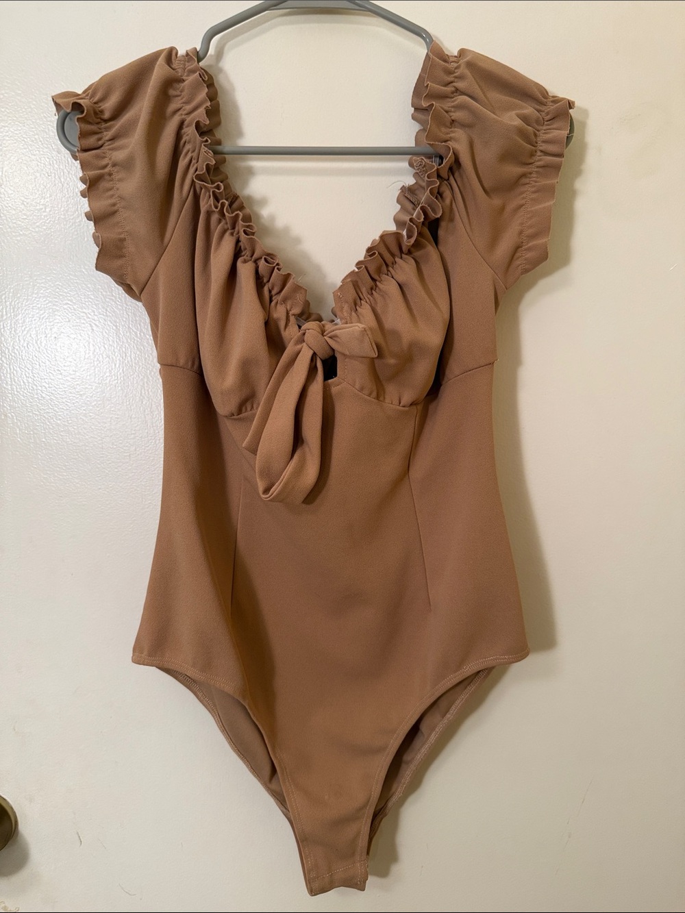 Ruffled Off the Shoulder Tie-Front Bodysuit in Camel